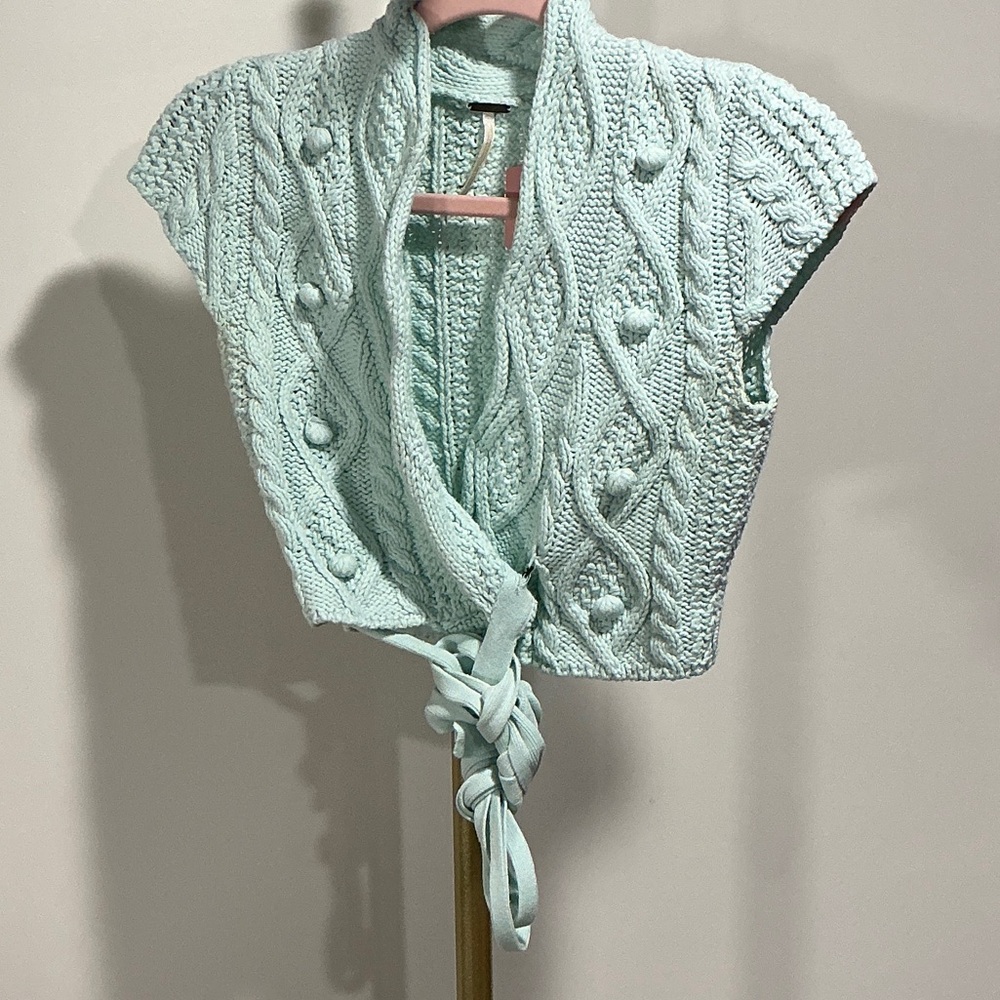 Free People Mint Cable Knit Cropped Tie-Front Top